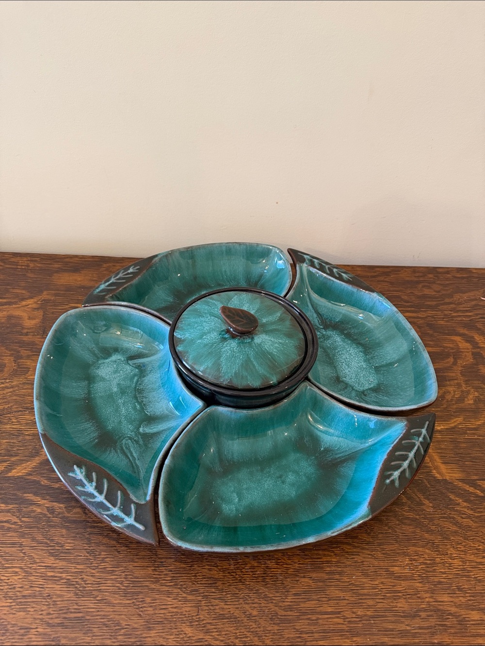 Vintage MCM Blue Mountain Pottery Teal Drip Glaze Ceramic Relish Set